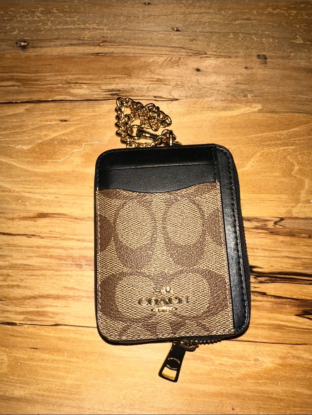 COACH Brown Signature Card Case with Gold Chain Accent